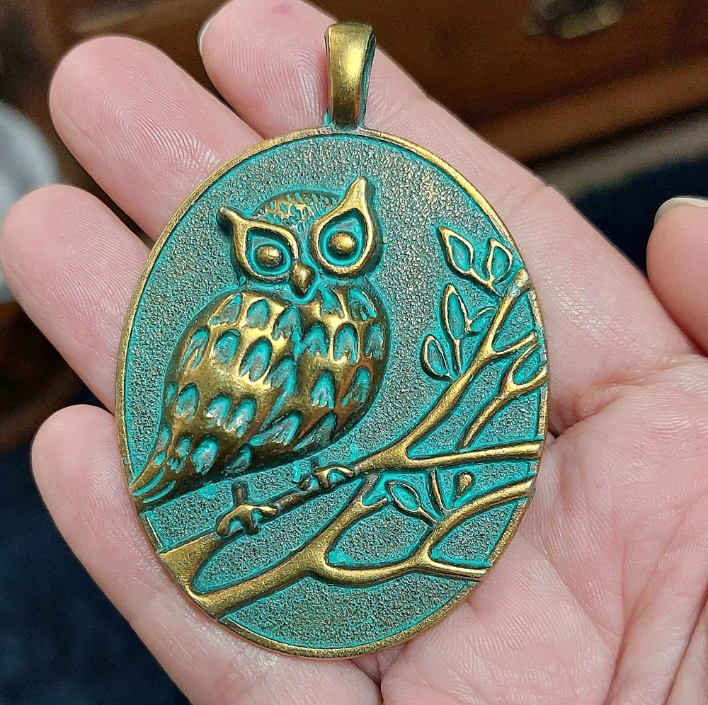 Green Washed Oval Necklace Pendant Owl Design - Womens Jewelry